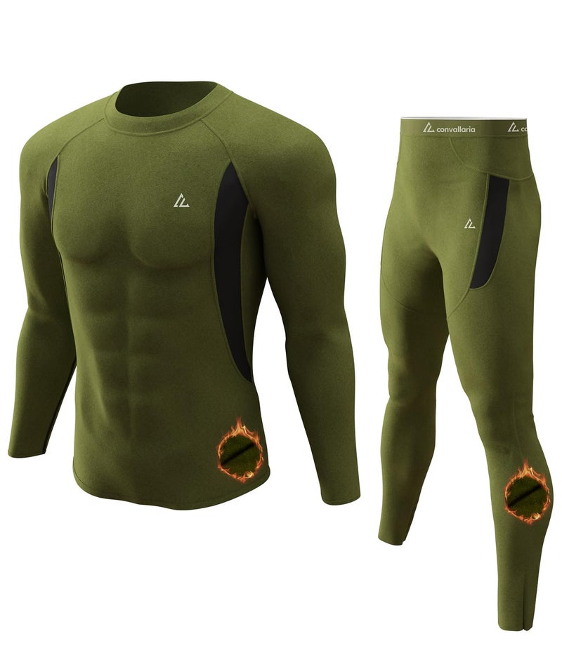 CL convallaria Thermal Underwear for Men, Winter Hunting Gear Sport Long Johns Base Layer Top and Bottom Set Midweight Army Green L - Image 1